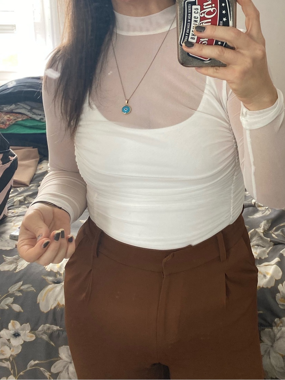 Sheer Long-Sleeve Ruched White bodysuit medium